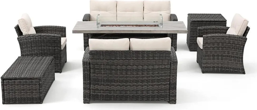 Set mobilier de grădină din ratan AVENBERG MONOPOLI cu vatră de foc pe gaz integrată și două lăzi de depozitare