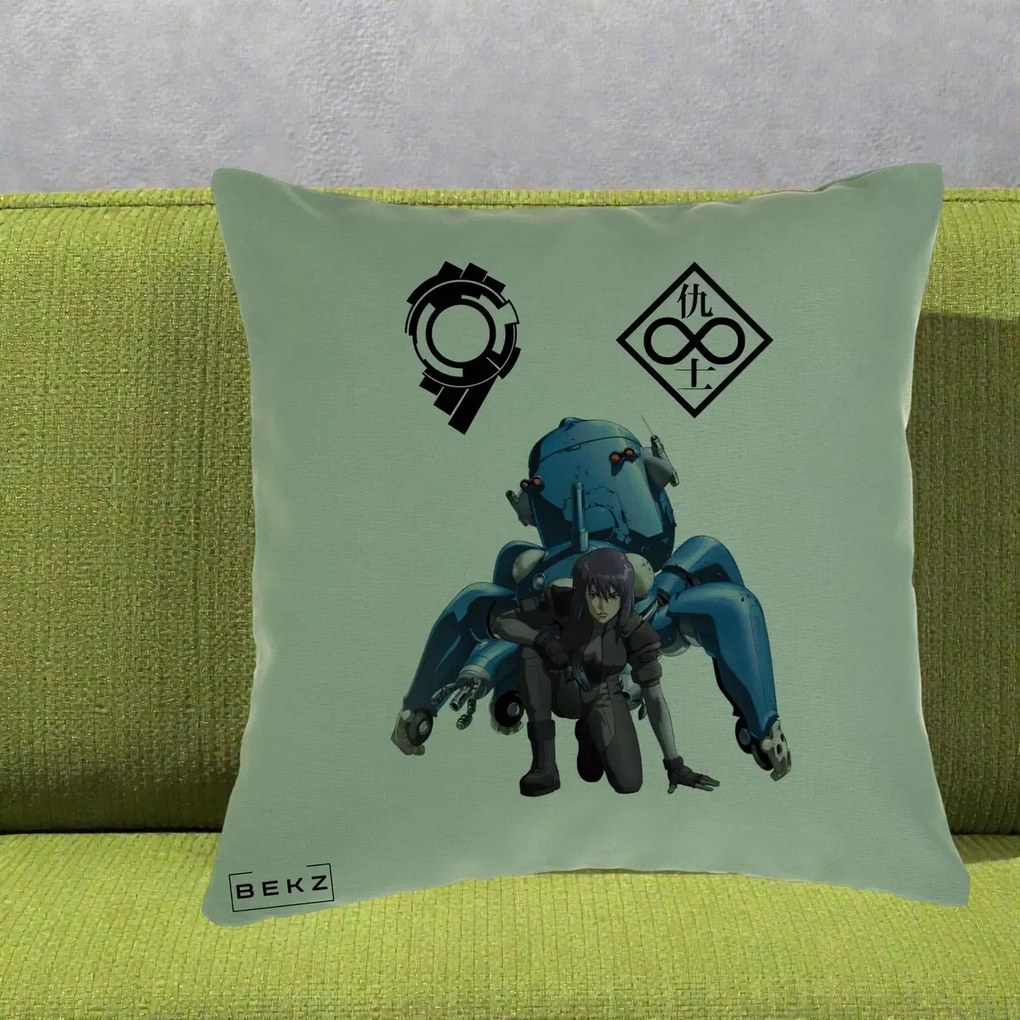 Perna Personalizata Ghost in the Shell Motoko si Tachikoma, 40x40 cm, Verde, Husa Detasabila, Perna Inclusa, BEKZ®