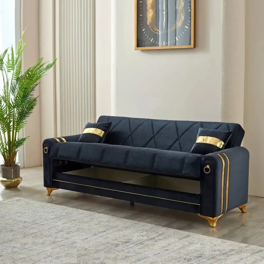 Canapea extensibila cu lada de depozitare 220x87x93 cm ,albastru, detalii aurii –Camara