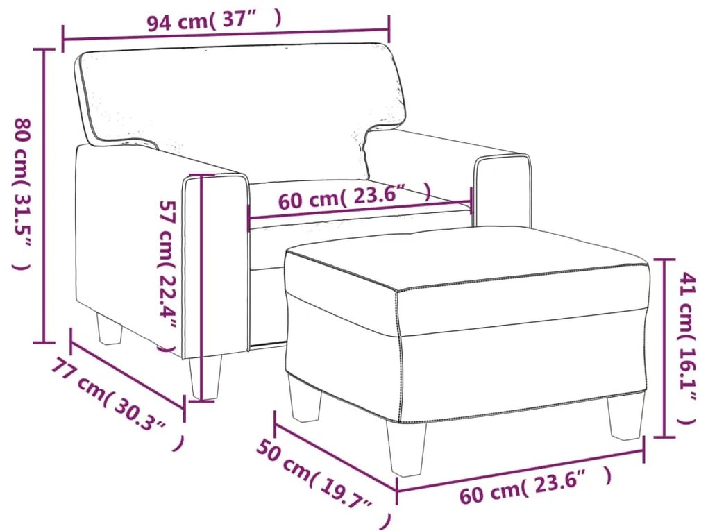 Fotoliu canapea cu taburet, crem, 60 cm, piele ecologica