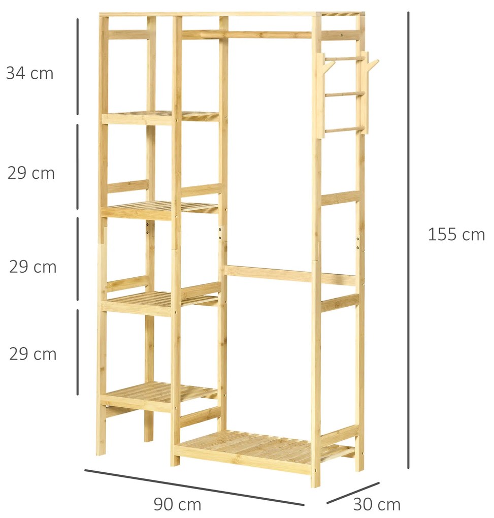 Suport de Haine de Podea din Lemn de Bambus, Suport pentru Haine cu Rafturi Laterale pentru Hol si Dormitor, 90x30x155cm HOMCOM | Aosom Romania