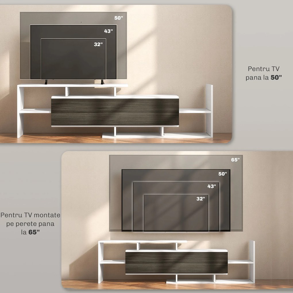 HOMCOM Mobilier TV cu Raft de Perete, Rafturi Deschise și Dulăpior din Lemn, Mobilier TV Modern, 153,6x25x42 cm, Alb | Aosom Romania