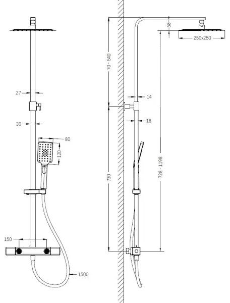 Set de duș NAESBY cu baterie termostatică, crom lucios