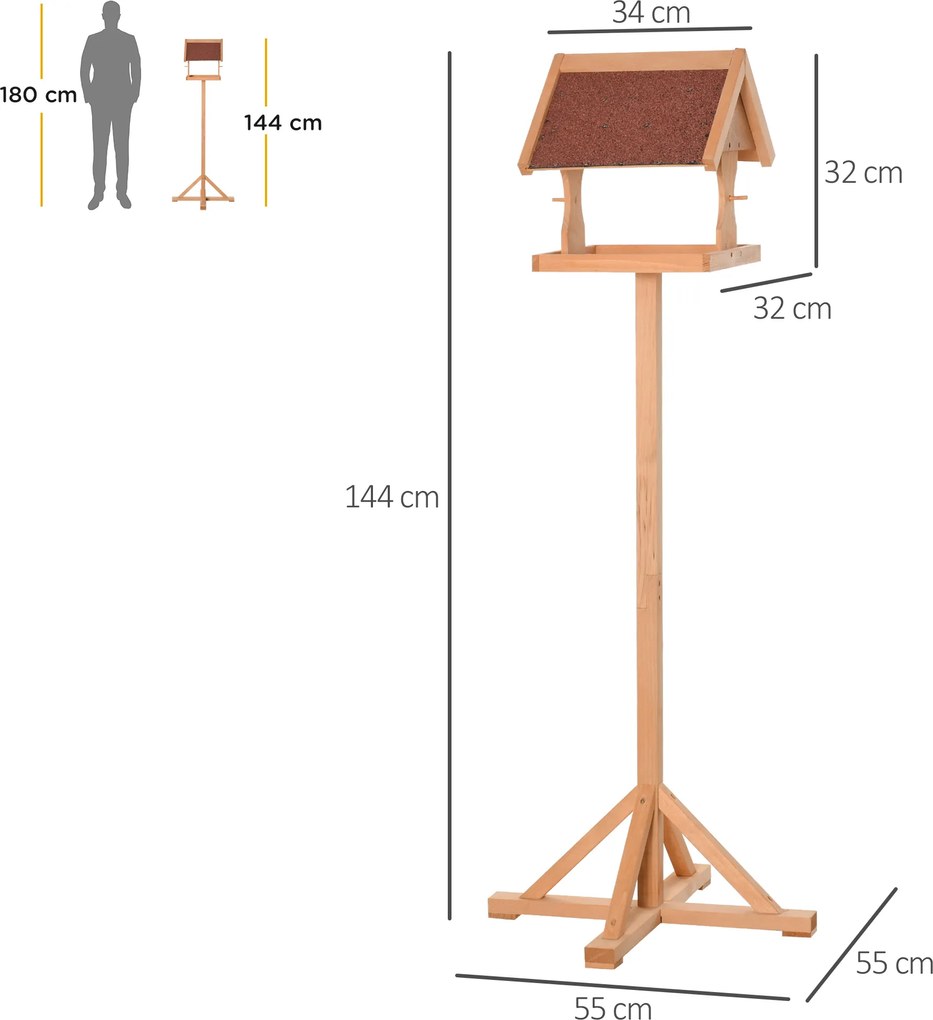 PawHut Hrănitoare pentru păsări exterioară pe picior, acoperiș rezistent la intemperii, lemn masiv, 55 x 55 x 144 cm, lemn natural | Aosom Romania