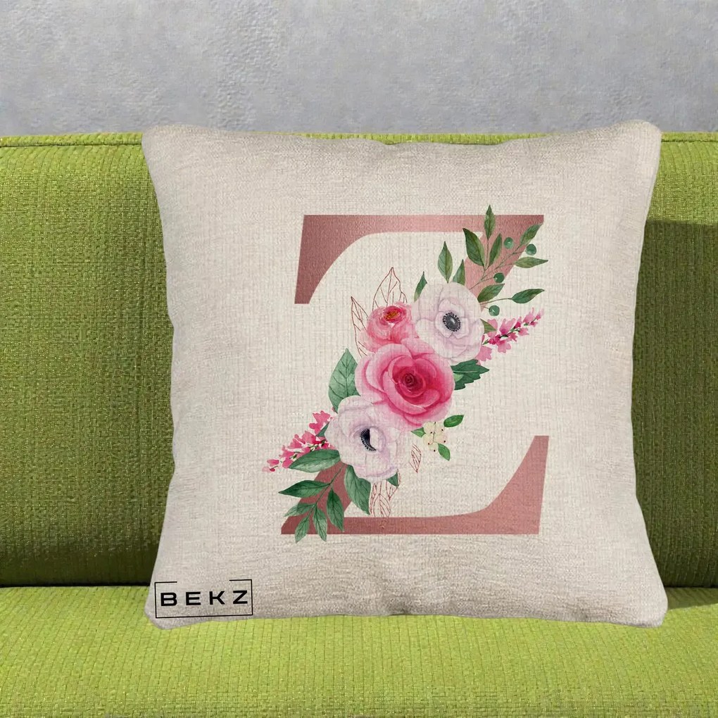 Cadou Personalizat - Perna Personalizata Monograma Rose Gold Litera Z, 40x40 cm, Bej Canapea, Husa Detasabila, Perna Inclusa, BEKZ®