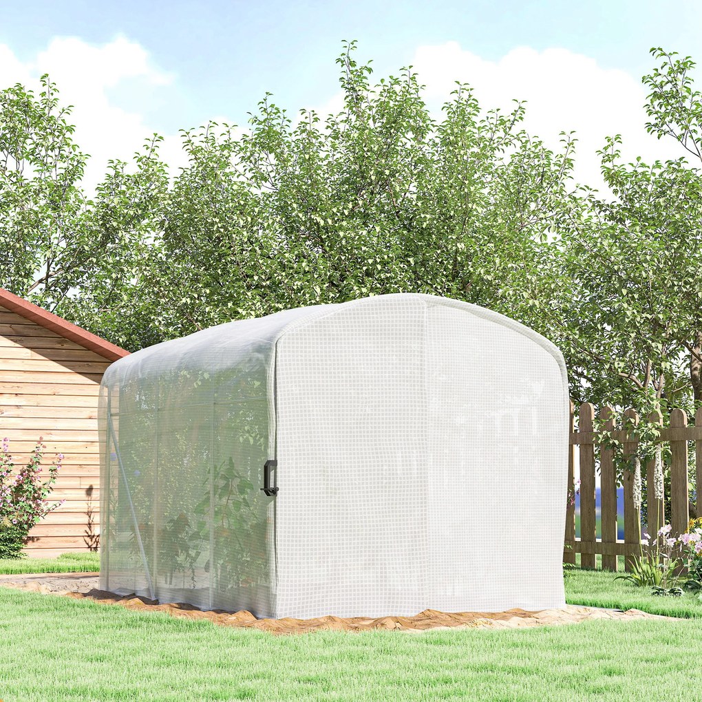 Outsunny Seră tunel de grădină 6m², seră tunel 300x200x195cm folie PE 220 g/m² margini prelungite 50 cm cu ușă alb | Aosom Romania