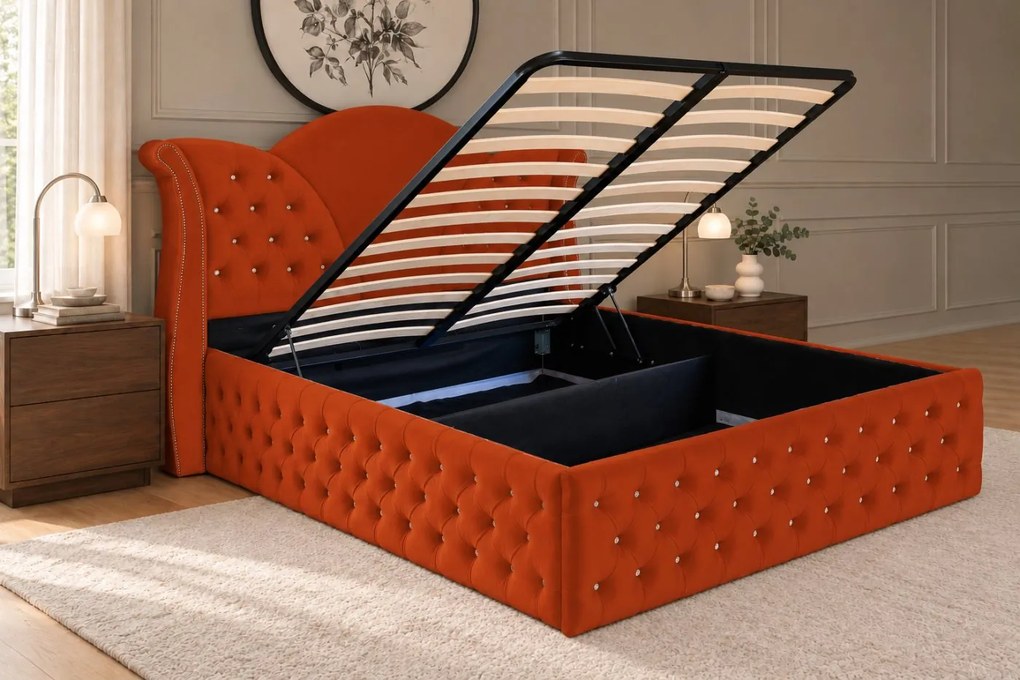 Pat tapițat Chesterfield din catifea Velora Deluxe 140×200 cm, cărămiziu, cu ladă de depozitare
