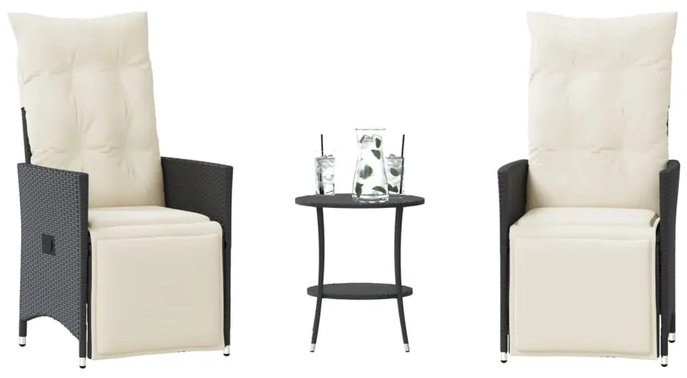 vidaXL Set bistro cu perne, 3 piese, negru, poliratan