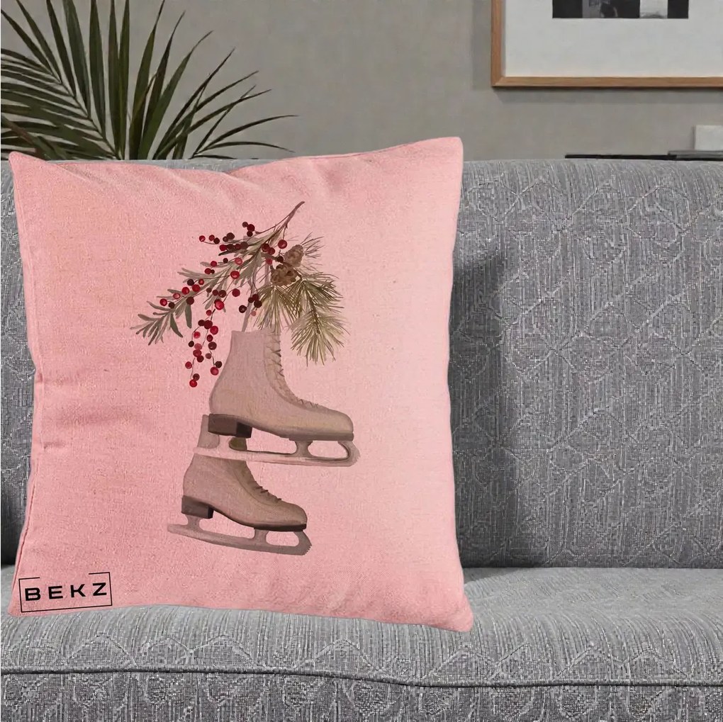 Perna Decorativa Patine cu Ramuri de Brad si Afine, 40x40 cm, Roz, Husa Detasabila, Perna Inclusa, BEKZ®