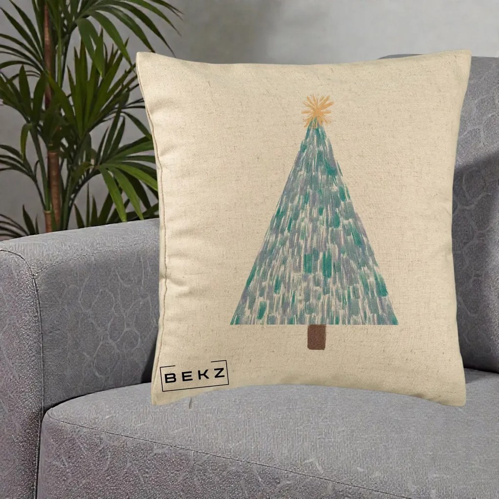 Perna Decorativa Brad de Craciun Acrilic Albastru, 40x40 cm, Bej, Husa Detasabila, Perna Inclusa, BEKZ®