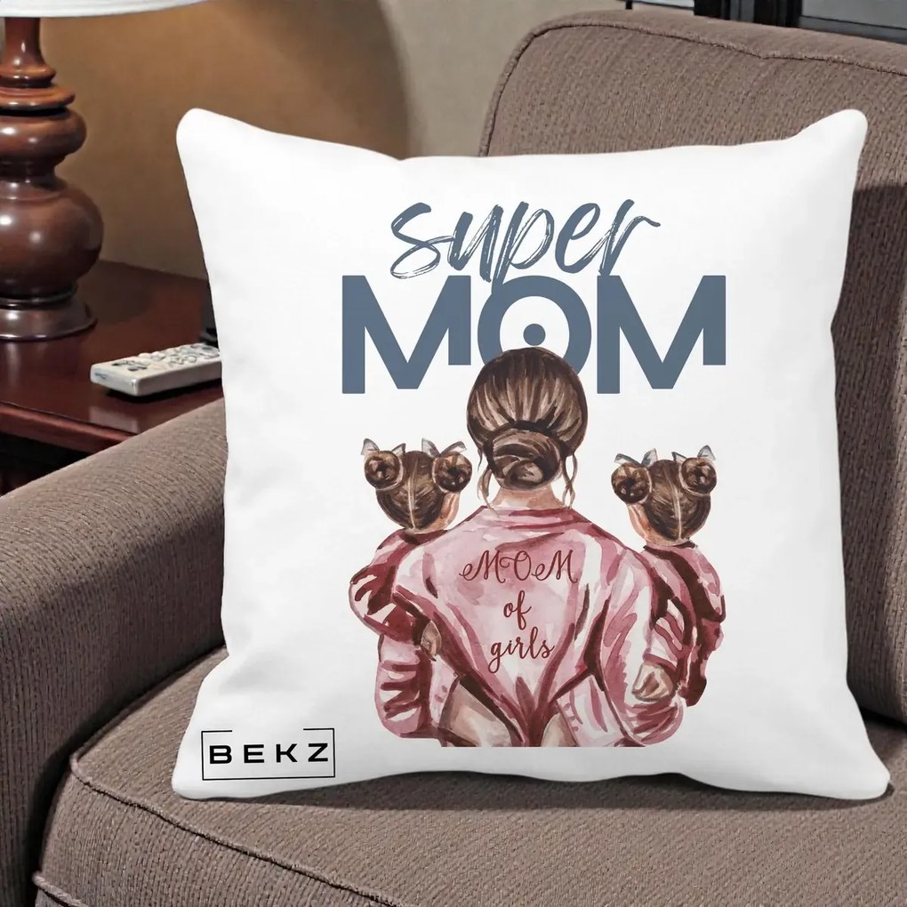 Cadou pentru Mama - Perna Personalizata Super Mom of Girls Mama cu Gemene, 40x40 cm, Alba Mata, Husa Detasabila, Perna Inclusa, BEKZ®