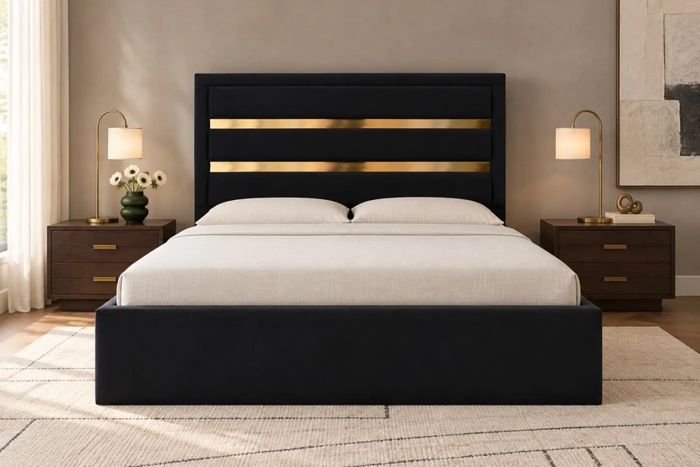 Pat tapițat din catifea Noren 180×200 cm, negru, detalii aurii, cu ladă de depozitare