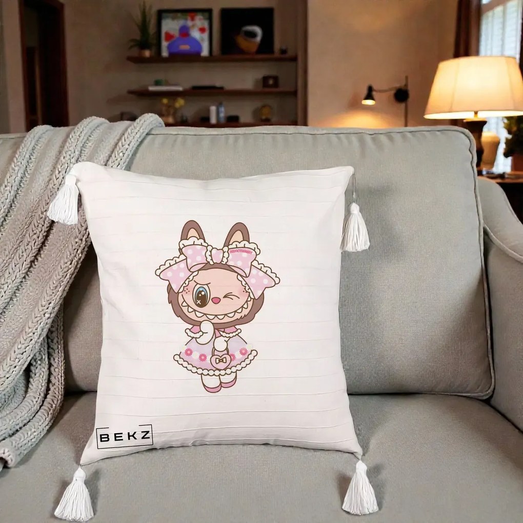 Perna Personalizata Labubu Lolita Roz cu Dantela, 40x40 cm, Bej cu Franjuri, Husa Detasabila, Perna Inclusa, BEKZ®