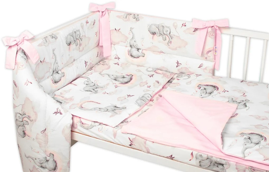 3-dílná set de Mantinel cu lenjerie de pat Baby Nellys, Elefant și Curcubeu, roz/alb 135x100
