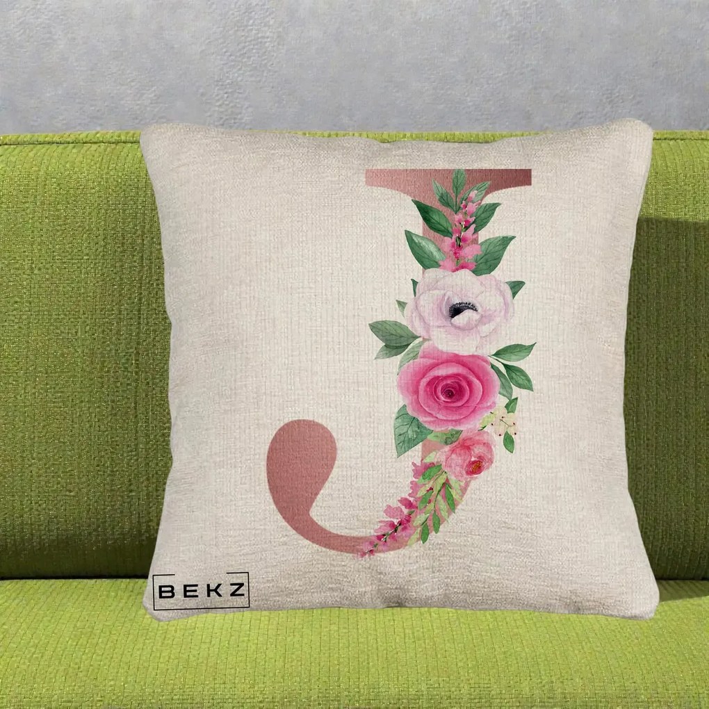 Cadou Personalizat - Perna Personalizata Monograma Rose Gold Litera J, 40x40 cm, Bej Canapea, Husa Detasabila, Perna Inclusa, BEKZ®