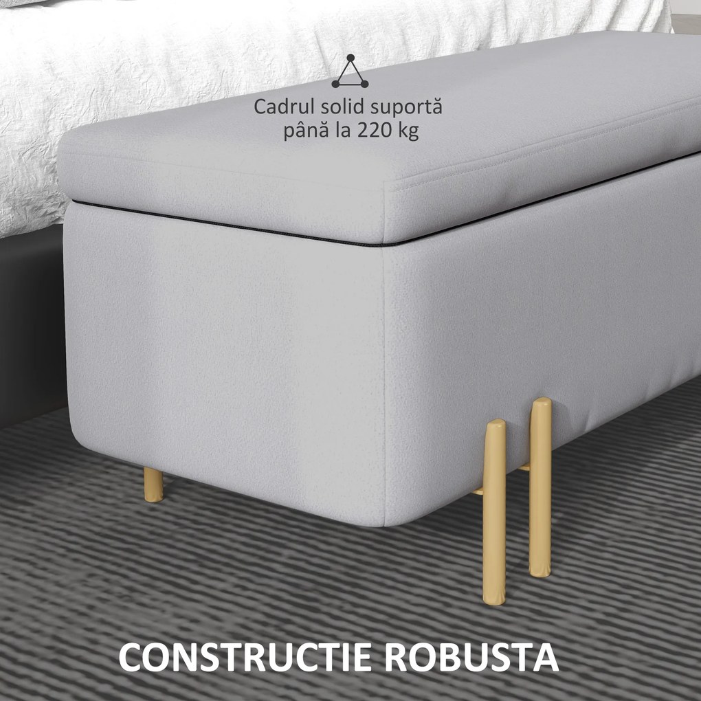 HOMCOM Bancă de Depozitare cu Șezut Tapițat și Picioare Lăcuite Aurii, 100x40x42 cm, Gri | Aosom Romania