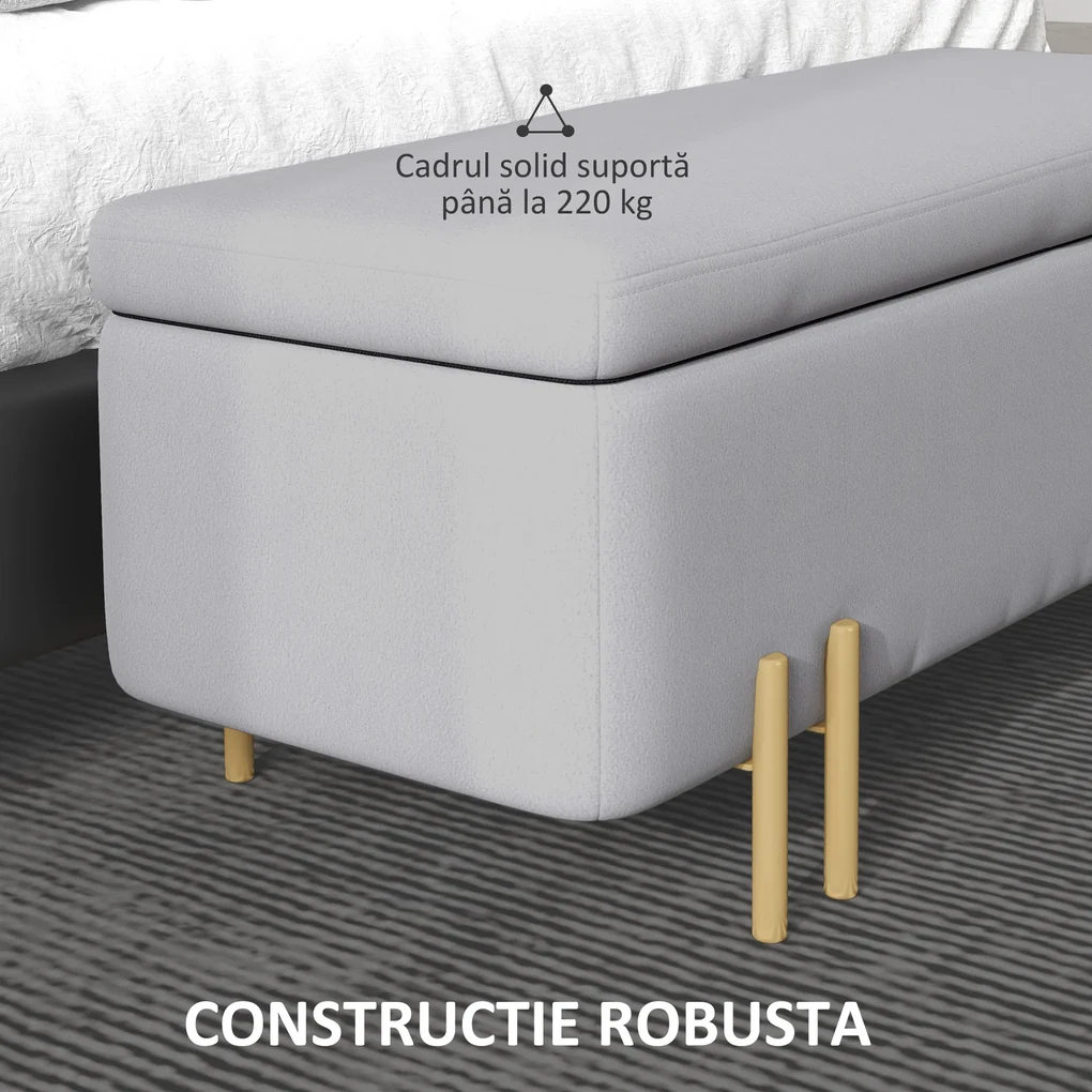 HOMCOM Bancă de Depozitare cu Șezut Tapițat și Picioare Lăcuite Aurii, 100x40x42 cm, Gri | Aosom Romania