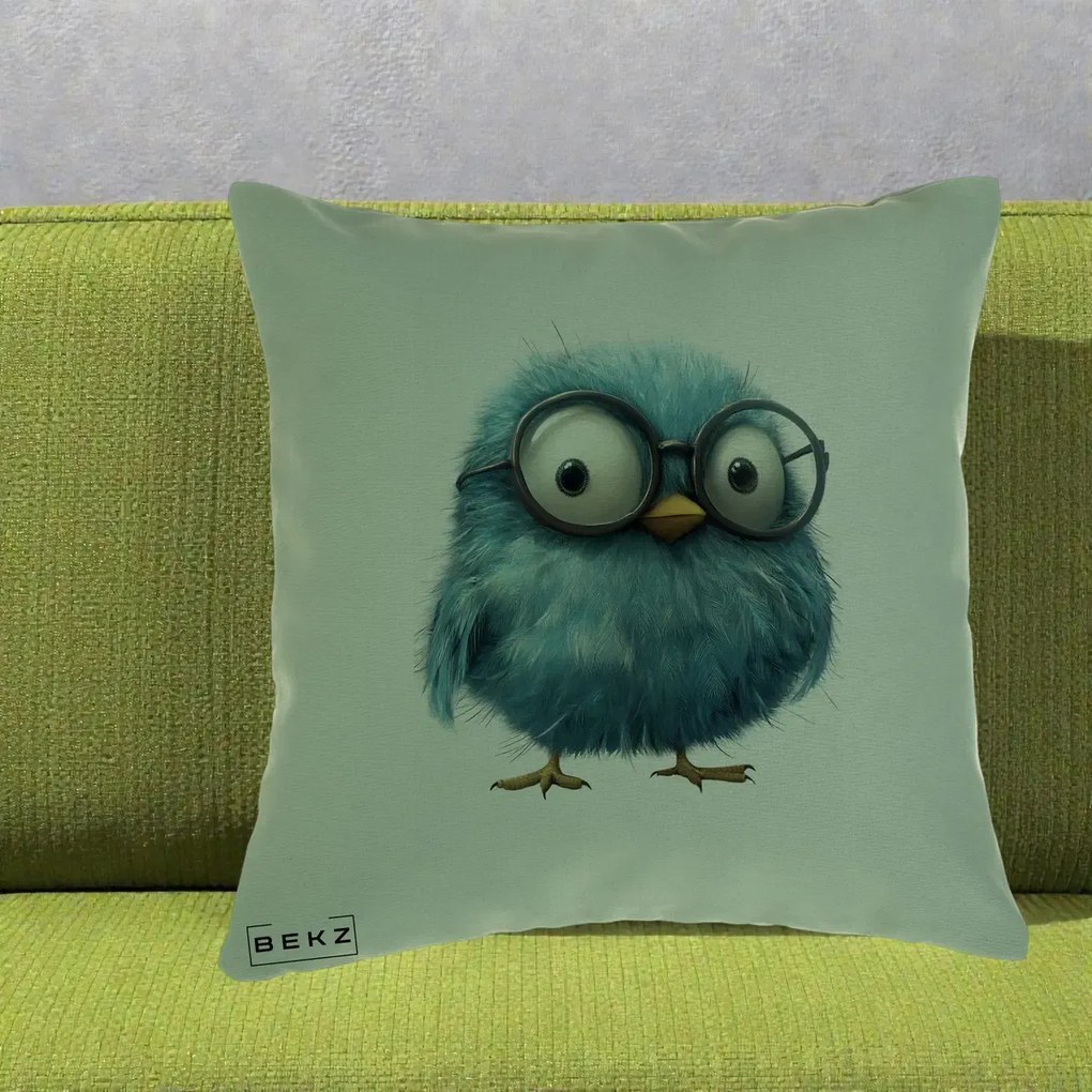 Perna Decorativa Pui Pufos Teal cu Ochelari, 40x40 cm, Verde, Husa Detasabila, Perna Inclusa, BEKZ®