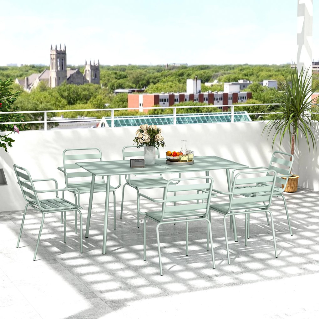 Outsunny Set de grădină - set de luat masa 7 piese cu 1 masă și 6 scaune suprapuse din oțel, verde deschis | Aosom Romania