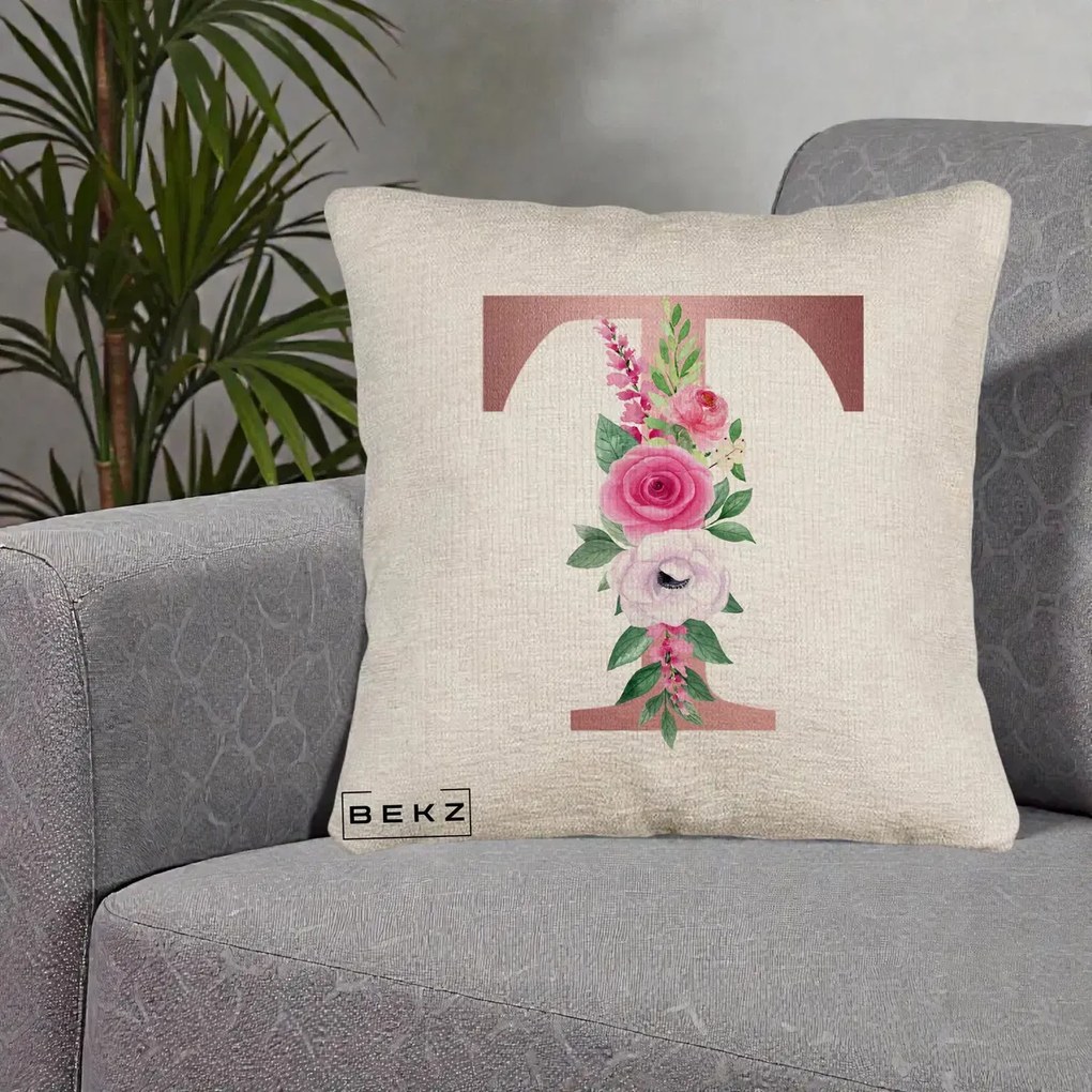 Cadou Personalizat - Perna Personalizata Monograma Rose Gold Litera T, 40x40 cm, Bej Canapea, Husa Detasabila, Perna Inclusa, BEKZ®