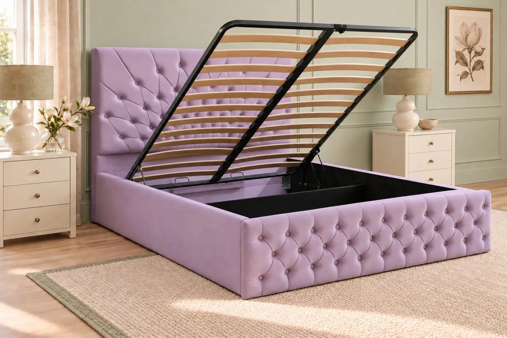 Pat tapițat Chesterfield din catifea Venezia 180×200 cm, lila, cu ladă de depozitare