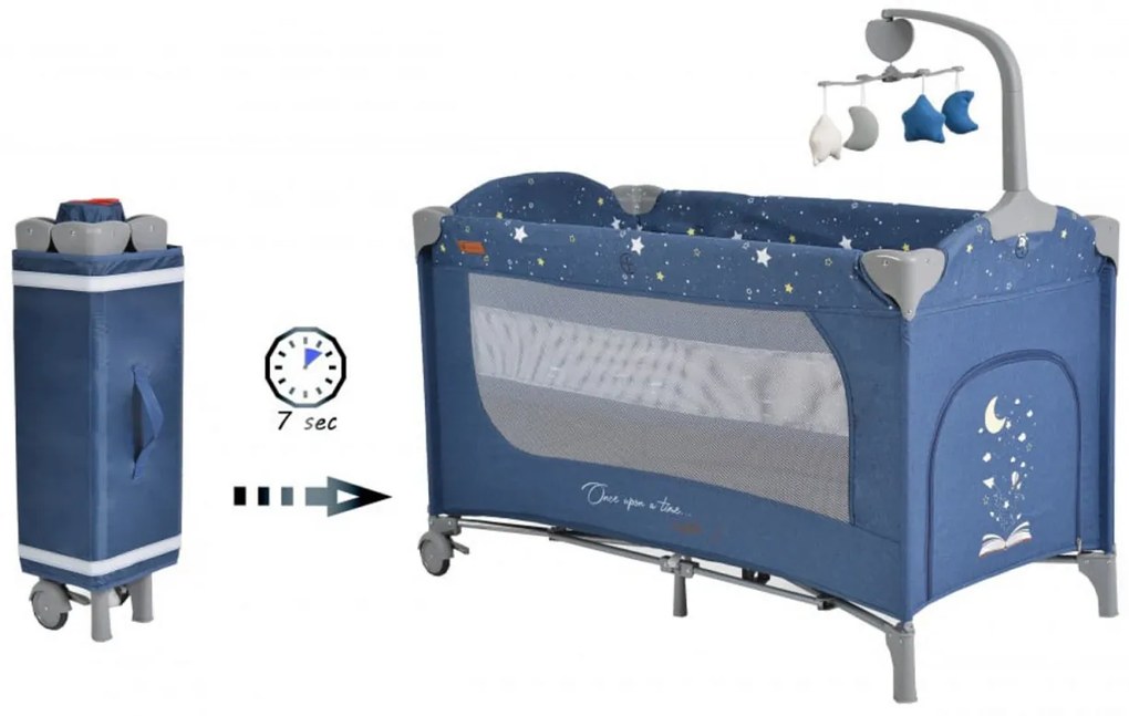 Patut pliant transformabil in tarc copii NOVOKIDS™ Onceuponatime NEST, 62X125 cm, 2 Niveluri, Jucarie Carusel muzical, Fermoar acces lateral, Albastru
