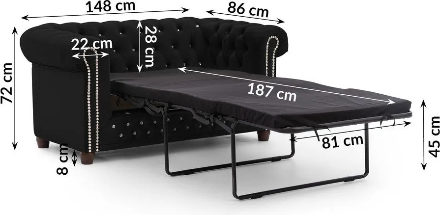 Canapea neagră extensibilă cu tapițerie din catifea 148 cm York Blik – Ropez