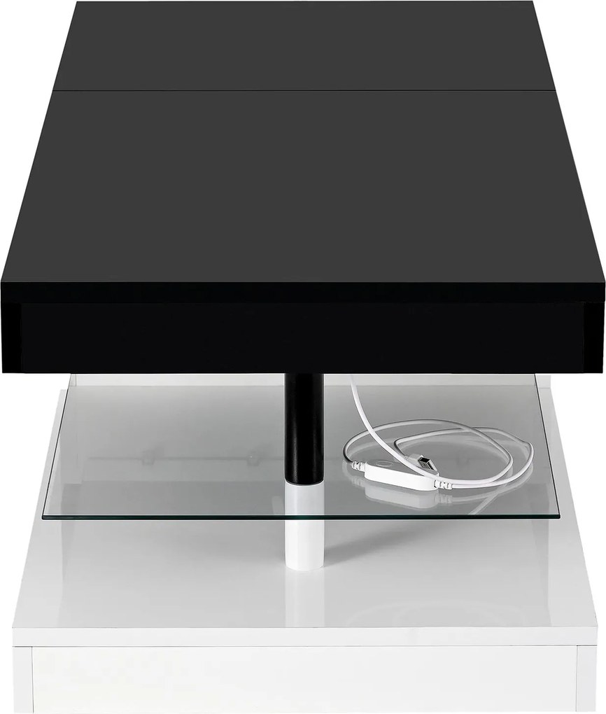Masă de cafea cu iluminare ambientală LED, poliță din sticlă &amp; finisaj lucios, 90x45x35,5 cm, Negru+Alb