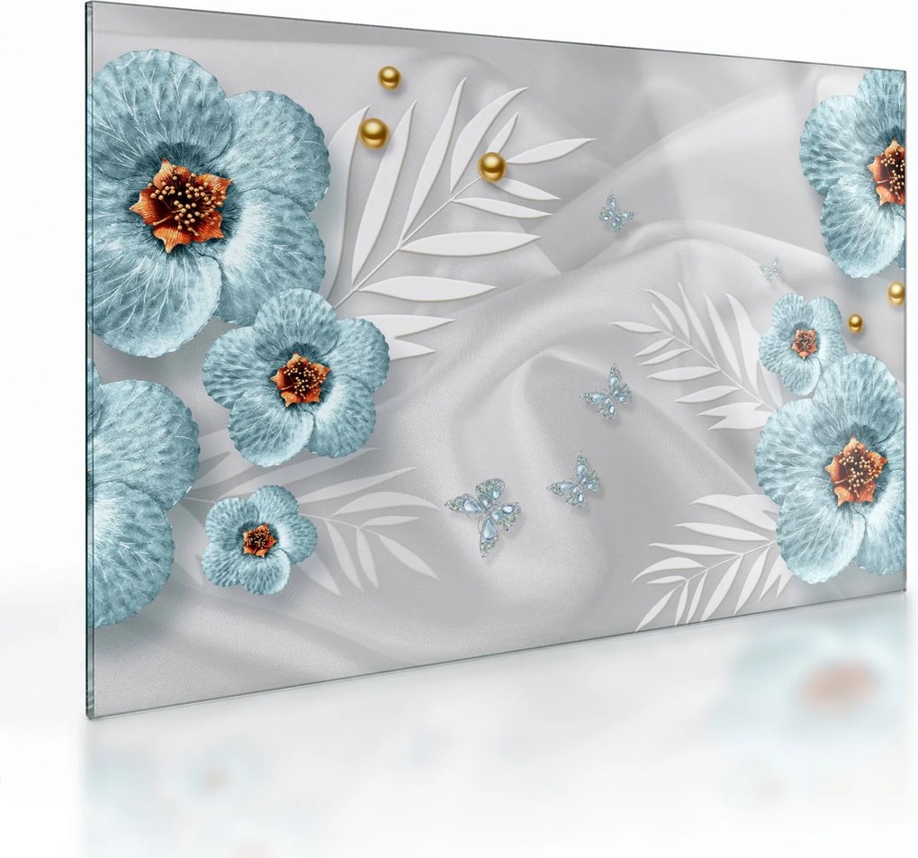 Tablou pe sticlă - 3D Flori albastre (70x50 cm)