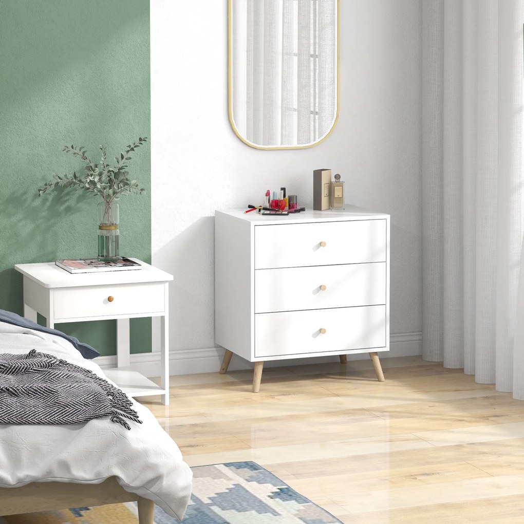 HOMCOM Comodă 3 sertare Design scandinav Mobilier de Depozitare Camera MDF Alb mânere picioare conice Lemn Masiv de pin | Aosom Romania