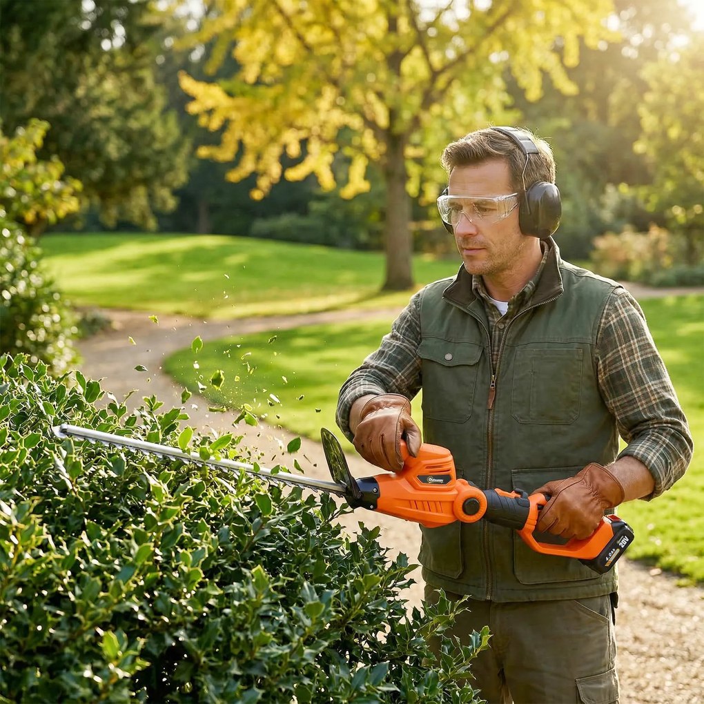 Outsunny Trimmer pentru Gard Viu pe Baterie 18V, Trimmer pentru Grădină cu 2 Baterii de 4Ah, Încărcător, Târnă Telescopică Reglabilă din Aluminiu, Lamă Cu Acțiune Dublă de 51cm pentru Ramuri, Portocaliu | Aosom Romania