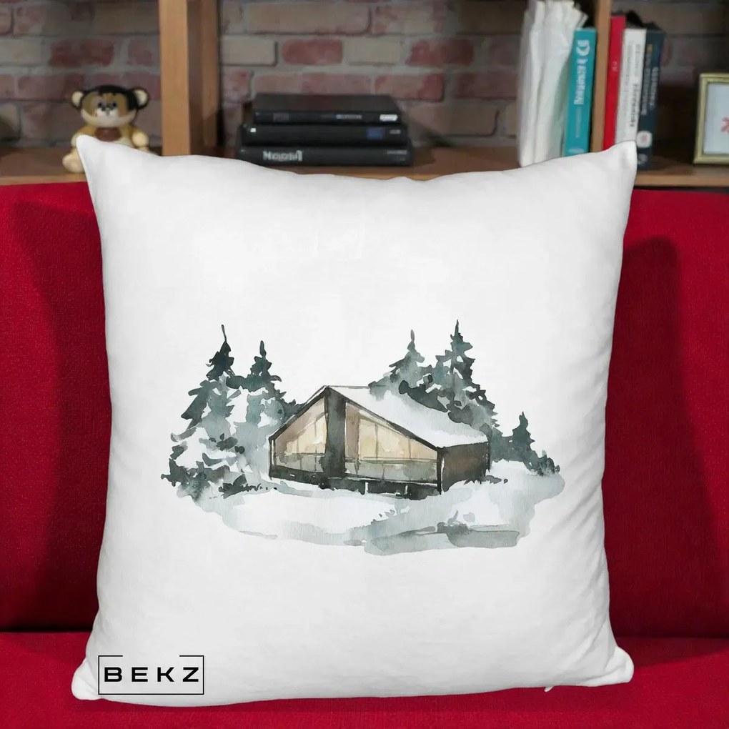 Perna Decorativa Cabana de Iarna in Padure, 40x40 cm, Alb Pufos, Husa Detasabila, Perna Inclusa, BEKZ®