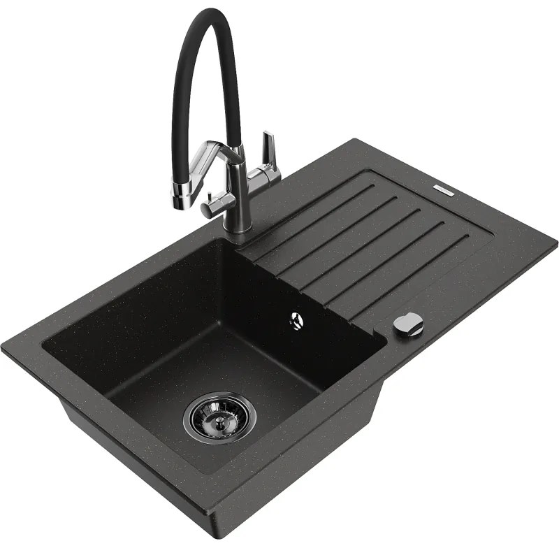 Mexen Pablo chiuvetă din granit cu o cuvă, cu scurgător și baterie de bucătărie Duo, negru/auriu metalizat