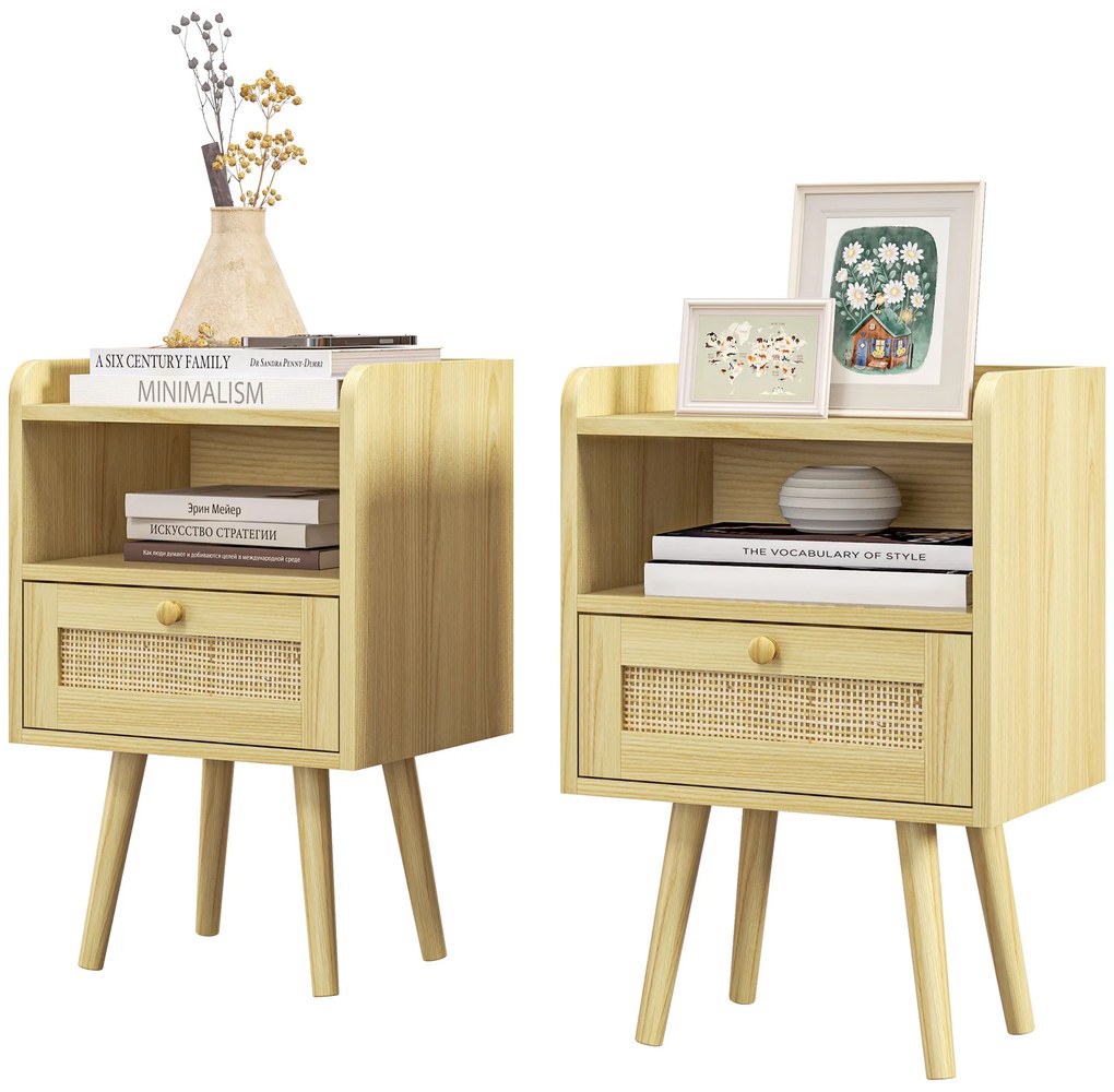 HOMCOM Set de 2 noptiere cu sertar efect răchită și spațiu deschis, 40 x 30 x 60 cm, efect lemn natural | Aosom Romania