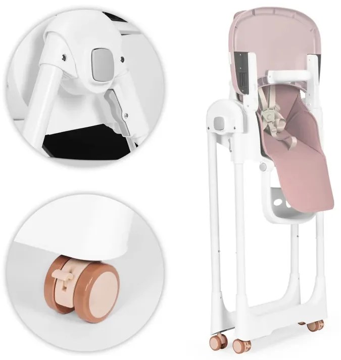 Scaun de hrănire înălțime reglabilă curele din piele ecologică tavă dublă roz