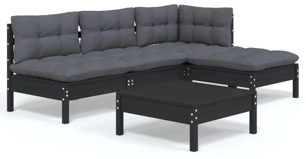 3096308 vidaXL Set mobilier grădină cu perne, 5 piese, negru, lemn de pin
