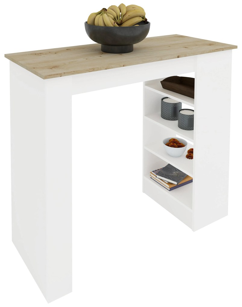 Masa Bar Vista, 4 rafturi, Alb/Stejar Artisan, 120 x 50 x 100 cm