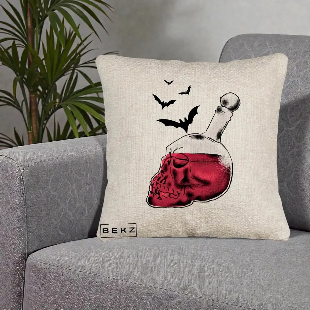 Perna Decorativa Halloween Craniu-Sticla cu Lilieci, 40x40 cm, Bej Canapea, Husa Detasabila, Perna Inclusa, BEKZ®