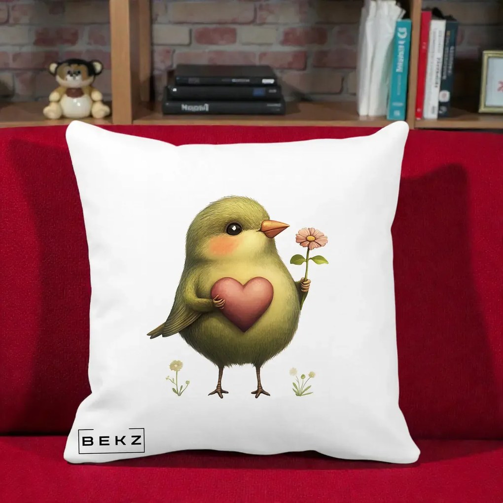 Perna Decorativa Pasare Verde cu Inima si Floare, 40x40 cm, Alba Mata, Husa Detasabila, Perna Inclusa, BEKZ®