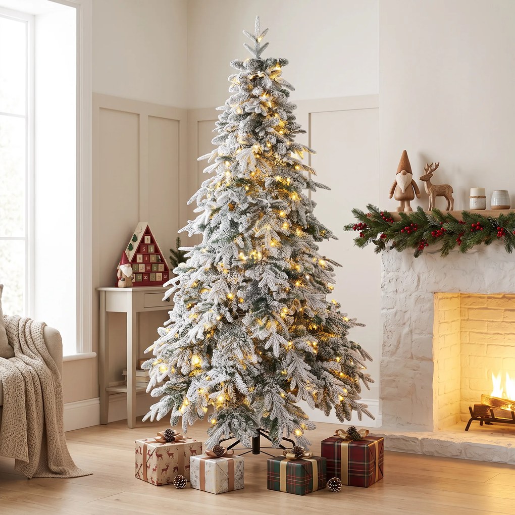 HOMCOM Brad de Crăciun Înzăpezit 180 cm cu 350 de Lumini LED Alb Cald, Timer, Telecomandă, 8 Modalități, 740 de Ramuri Ignifuge | Aosom Romania