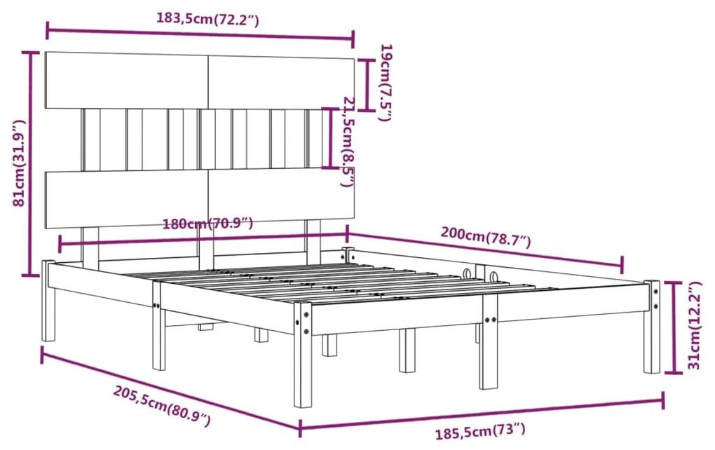 Cadru de pat Super King 6FT, gri, 180x200 cm, lemn masiv Gri, 180 x 200 cm