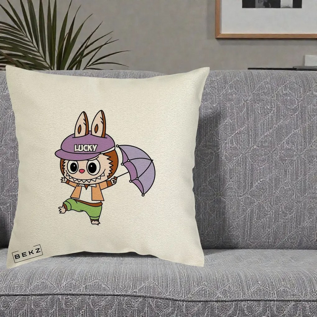 Perna Personalizata Labubu Lucky cu Umbrela, 40x40 cm, Ecru, Husa Detasabila, Perna Inclusa, BEKZ®