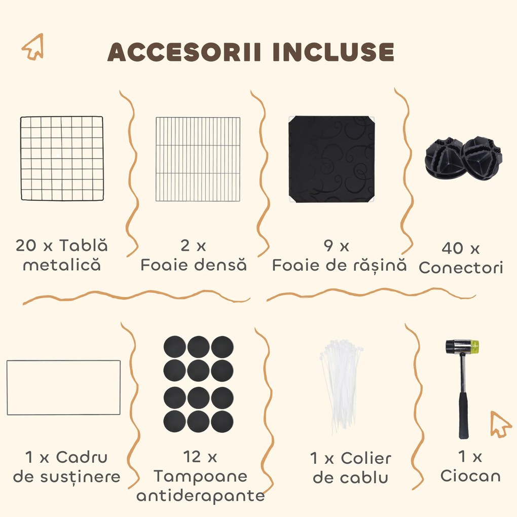 PawHut Cușcă Modulară pentru Animale Mici cu 2 Căsuțe Ridicate, Țarc cu 31 de Panouri, 140x70x52 cm, Negru | Aosom Romania