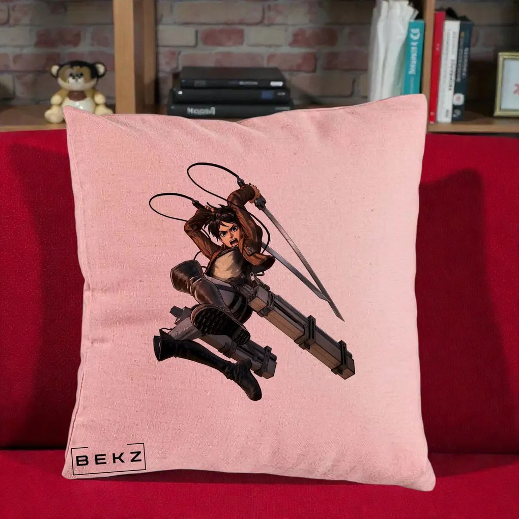 Perna Personalizata Attack on Titan Eren Yeager Lupta, 40x40 cm, Roz, Husa Detasabila, Perna Inclusa, BEKZ®