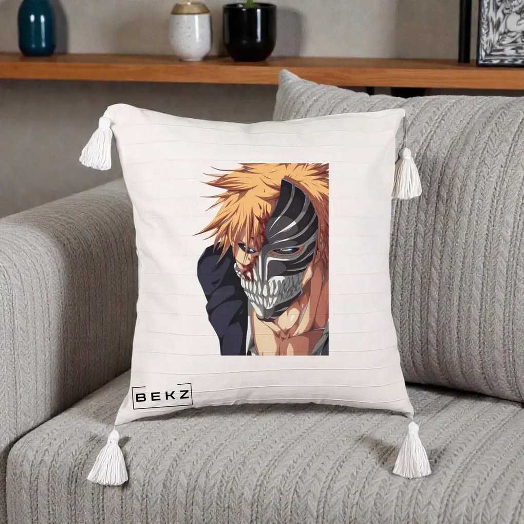 Perna Personalizata Bleach Ichigo Masca Hollow, 40x40 cm, Bej cu Franjuri, Husa Detasabila, Perna Inclusa, BEKZ®