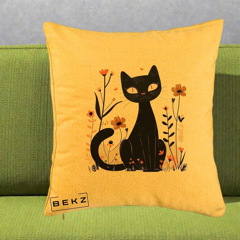 Perna Decorativa Pisica Neagra Flori Pastel Folk, 40x40 cm, Galben, Husa Detasabila, Perna Inclusa, BEKZ®