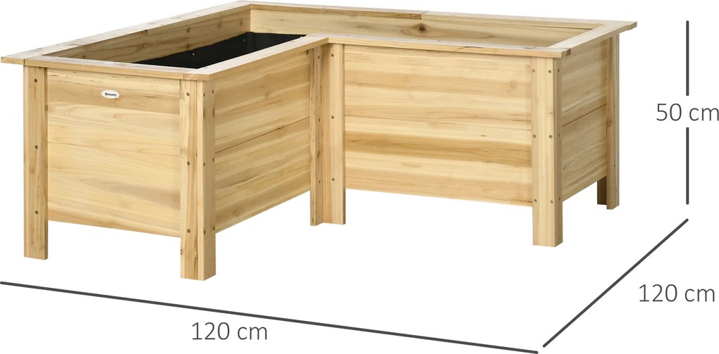 Outsunny Jardinieră înălțată din lemn ghiveci exterior în formă de L cu material nețesut grădină urbană 120x120x50 cm Natural | Aosom Romania