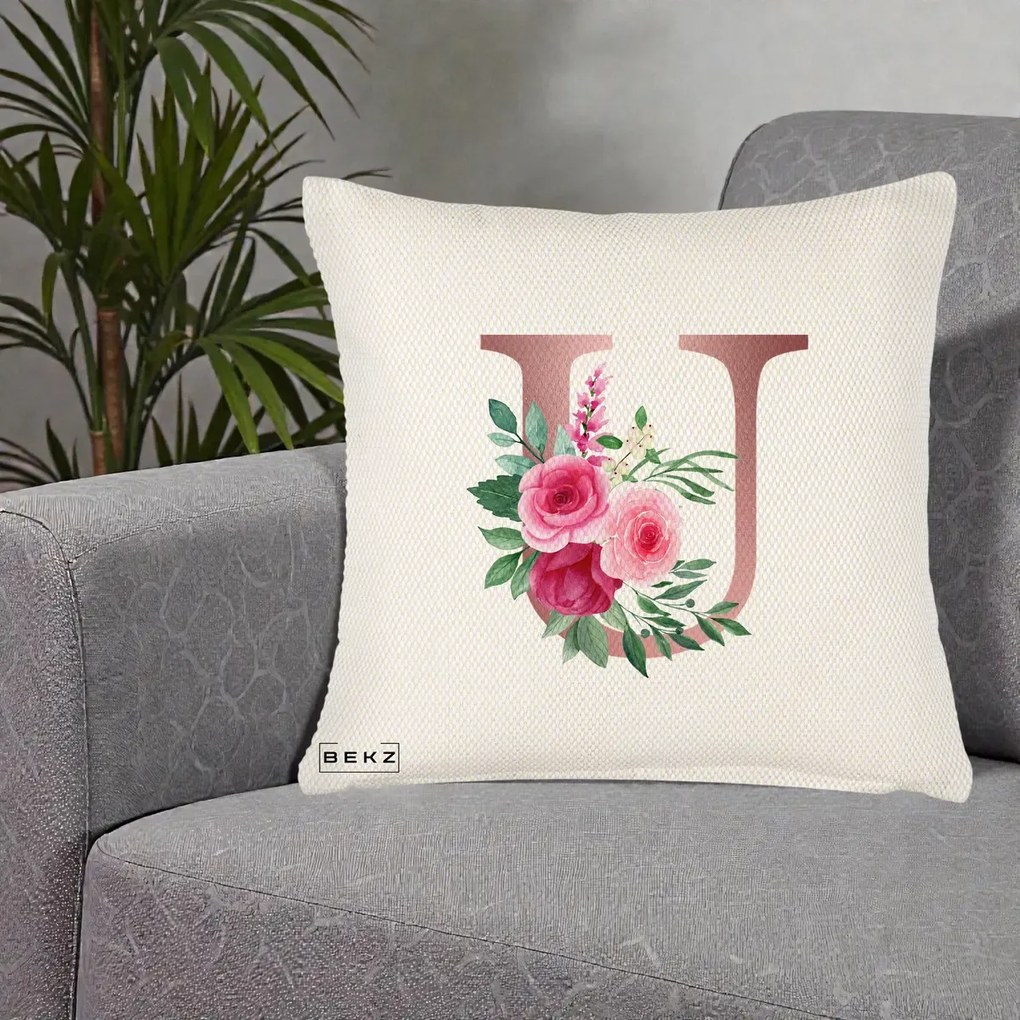 Cadou Personalizat - Perna Personalizata Monograma Rose Gold Litera U, 40x40 cm, Crem Reliefat, Husa Detasabila, Perna Inclusa, BEKZ®