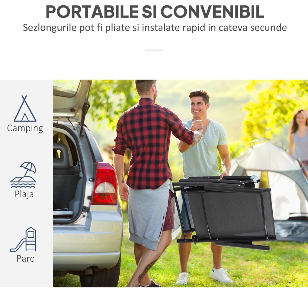 Outsunny Set 2 Sezlonguri de Gradina Pliabile, Spatar Reglabil, Cadru din Aluminiu, Confortabil, Negru, Ideal pentru Relaxare | Aosom Romania