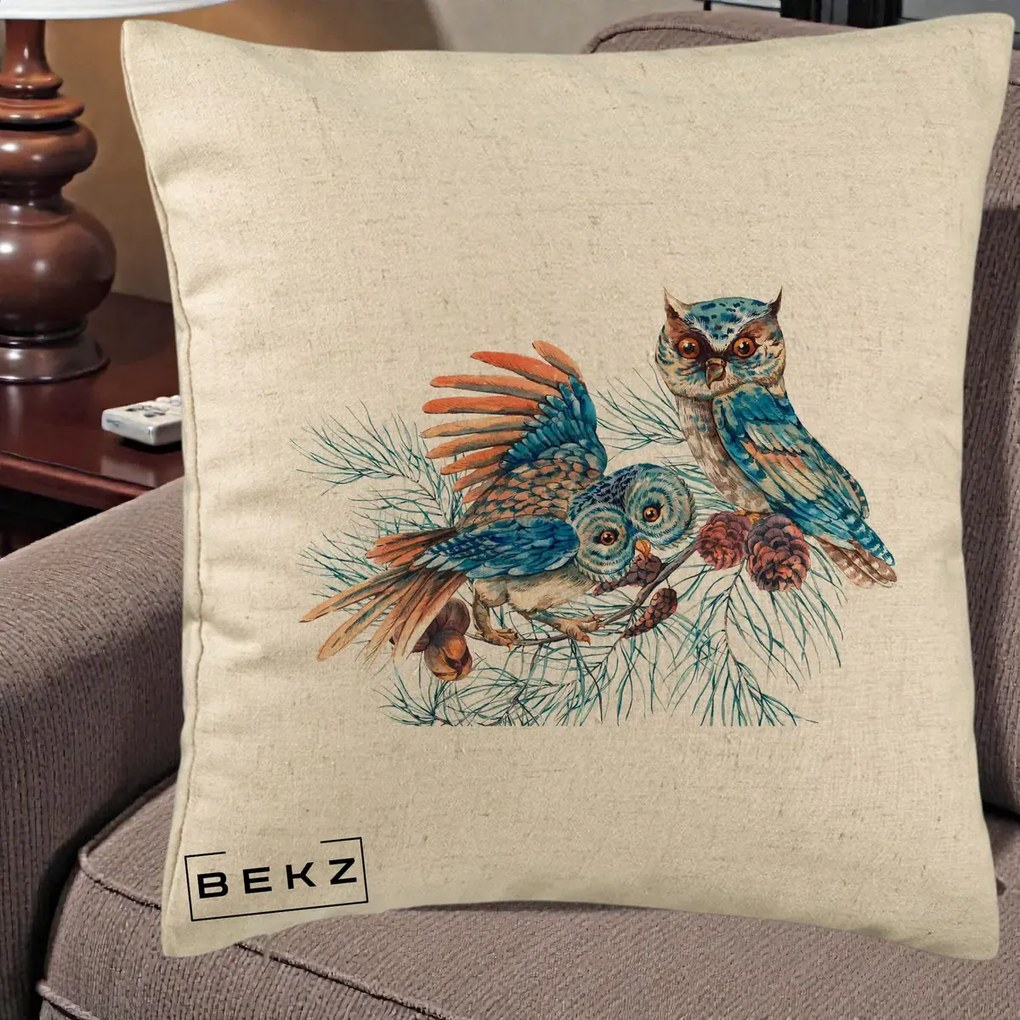 Perna Decorativa Bufnite de Iarna Albastre, 40x40 cm, Bej, Husa Detasabila, Perna Inclusa, BEKZ®
